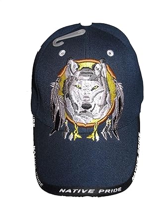 Native American Pride Wolf in Dream Catcher Navy Blue Embroidered Baseball Ball Cap Hat