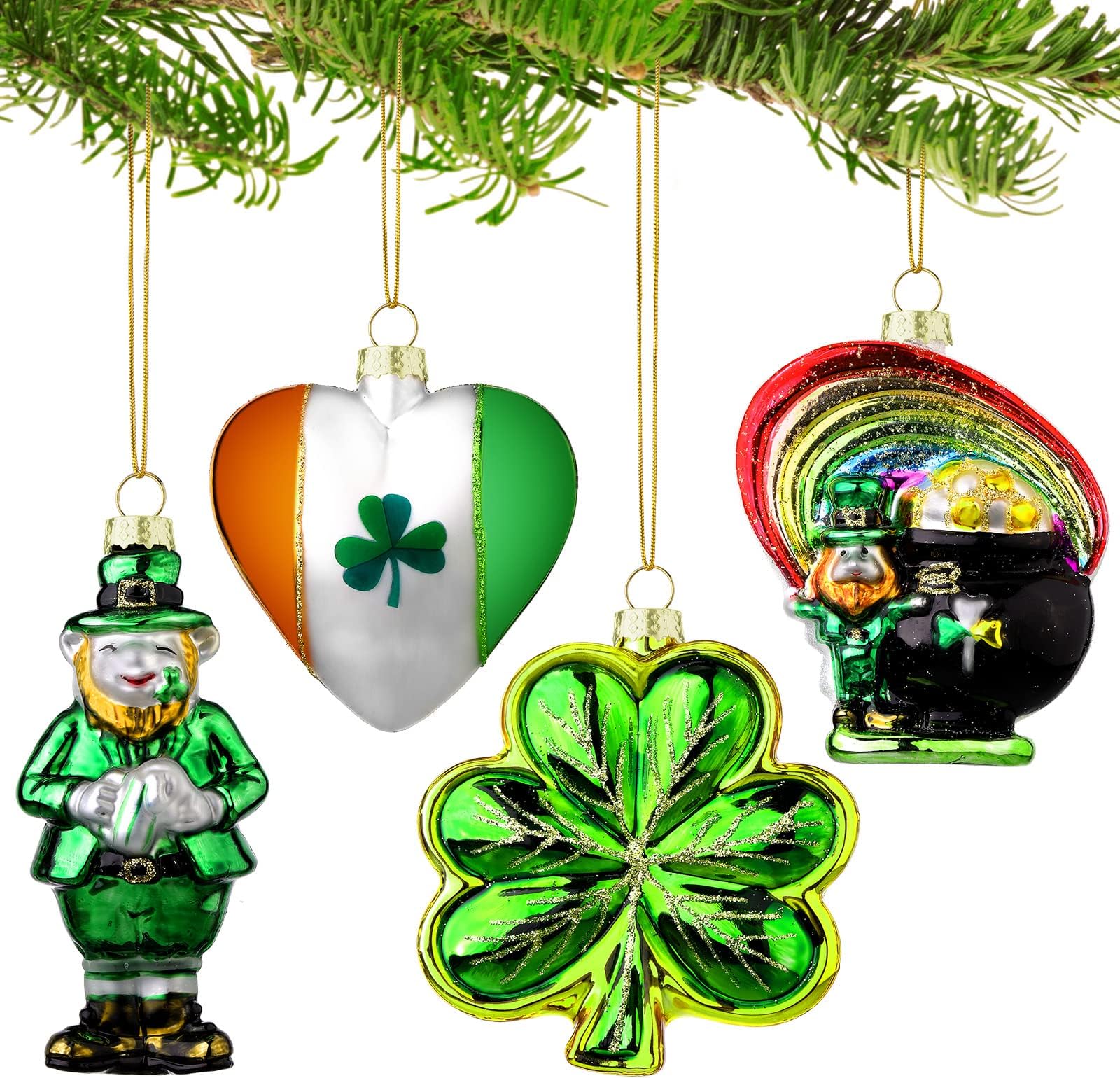 4 Pcs Christmas Irish Ornaments Glass Blown Christmas Tree Hanging Ornaments Set Green Shamrock Ornaments Rainbow Leprechaun Gold Pot Heart Ireland Bauble Ornament Filler for Xmas Holiday Party Decor