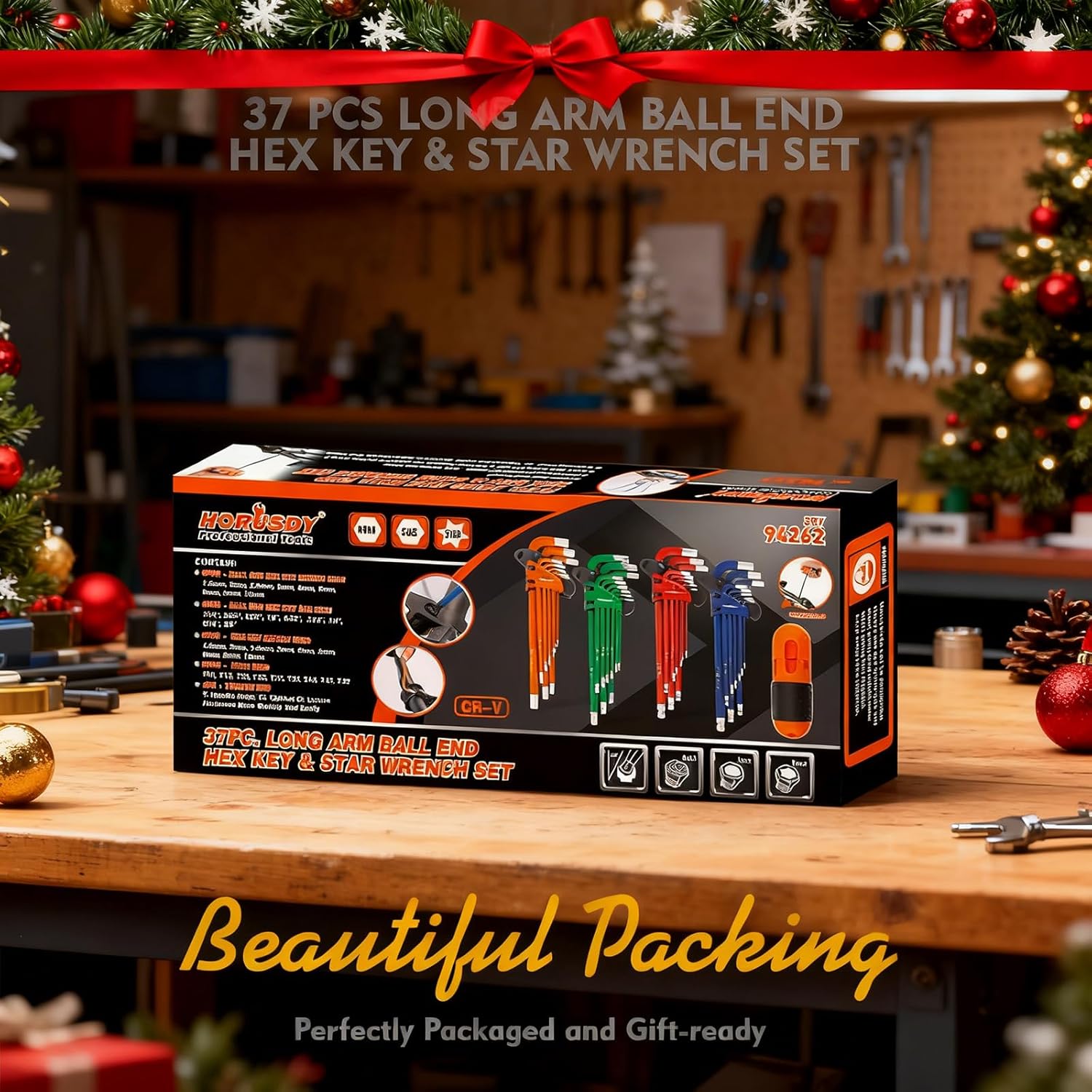 HORUSDY 37PCS Hex Key Allen Wrench Set, SAE & Metric Star Long Arm Ball End Hex Key Set, Industrial Grade Allen Wrench Set with Another Torque Handle