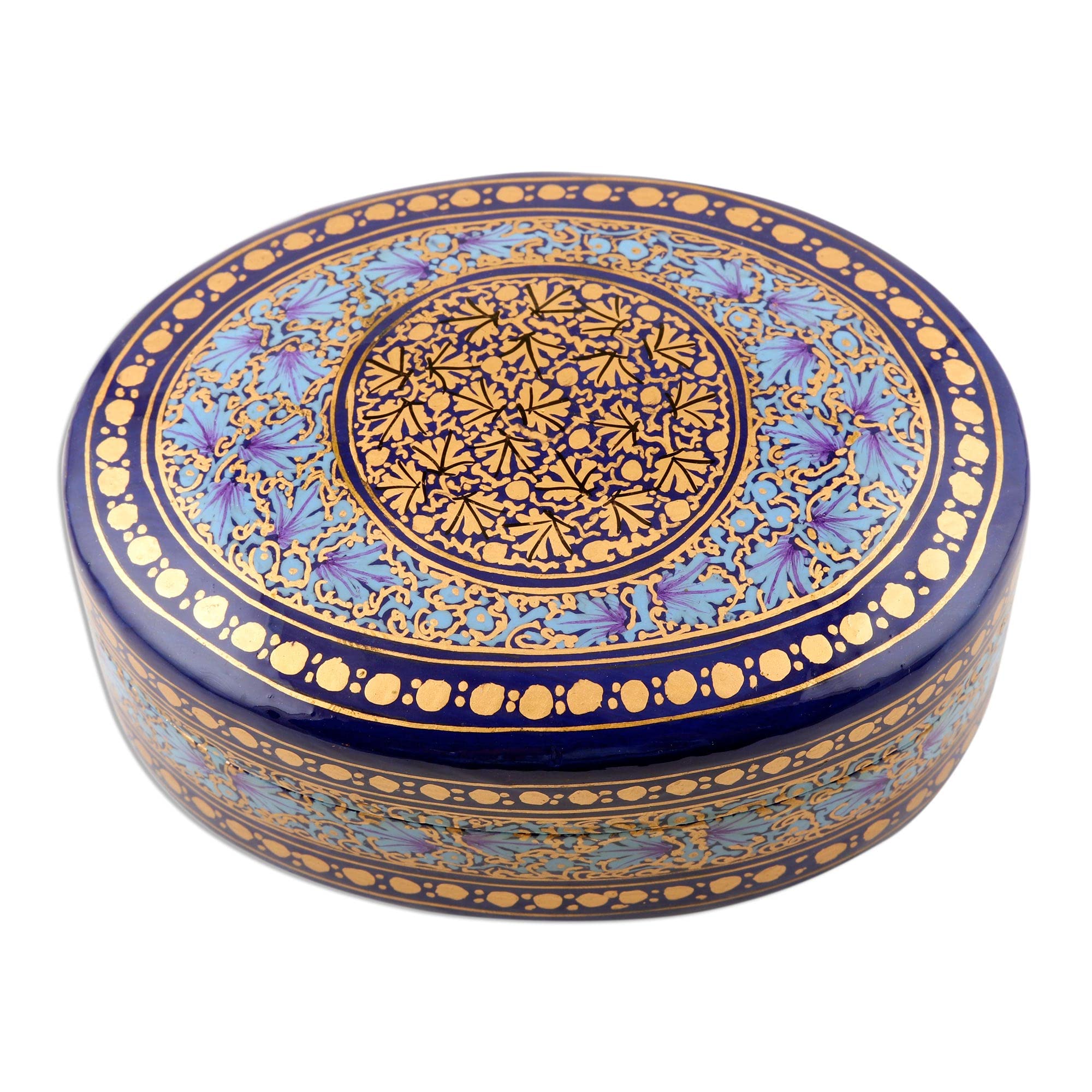 NOVICA Artisan Handmade Papier Mache Decorative Box Velvetlined Blue Gold Trinket from India Tone Wood Accessories Boxes Painted Leaf Tree [2.1in H x 4.7in W x 3.5in D] ' Kashmir Blue'