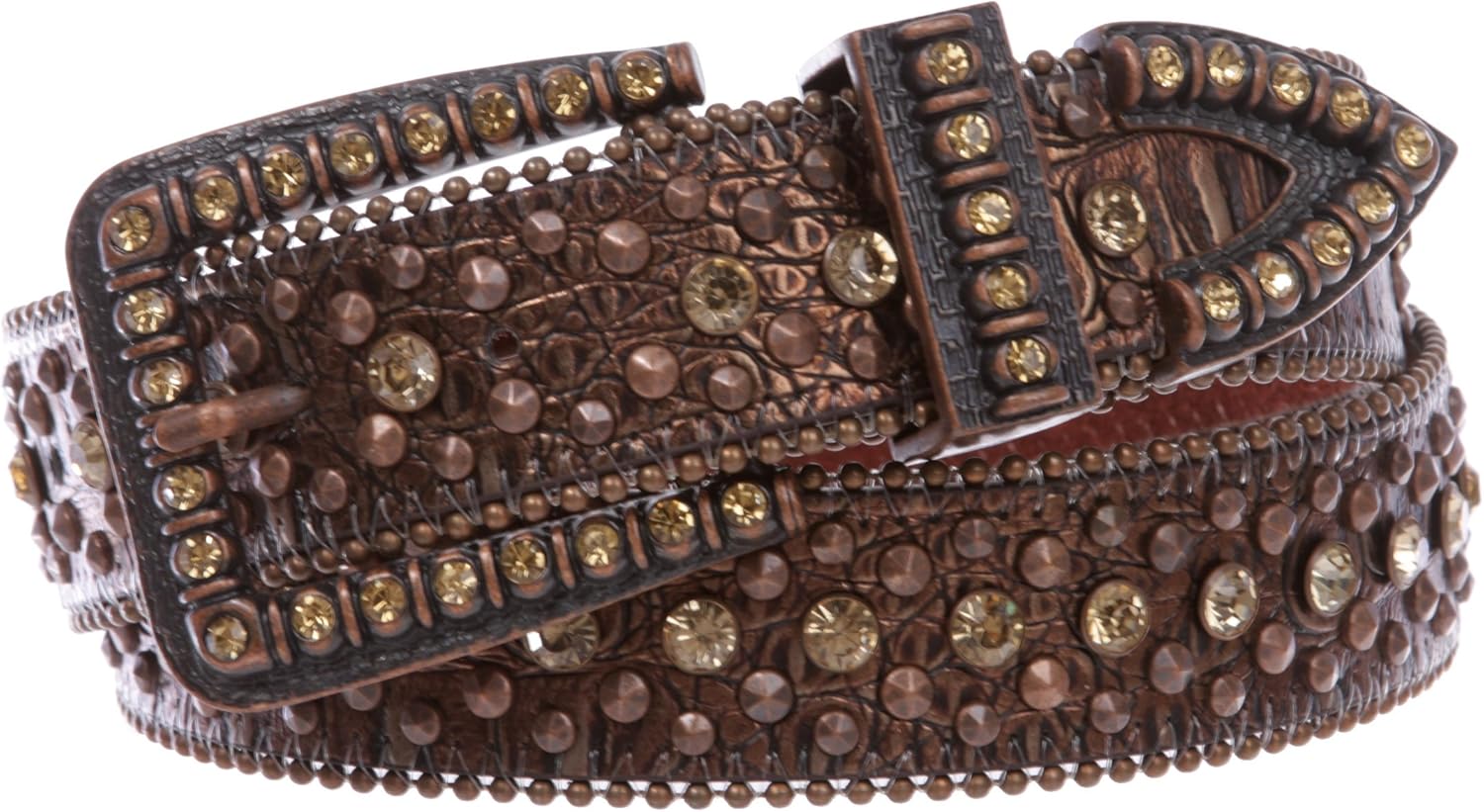 1 1/2" Snap On Western Cowgirl Brown Faux Alligator Rhinestone Studded Leather Belt