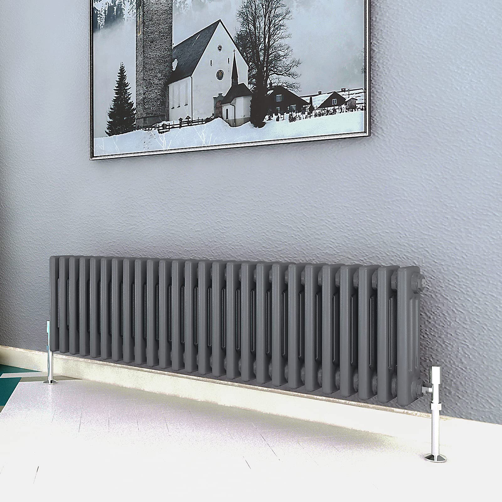 Acezanble∣3 Column Radiator, Horizontal 300mm Anthracite Wide Low Cast Iron Style Radiator Centre Heating for Window Hallway — image 1
