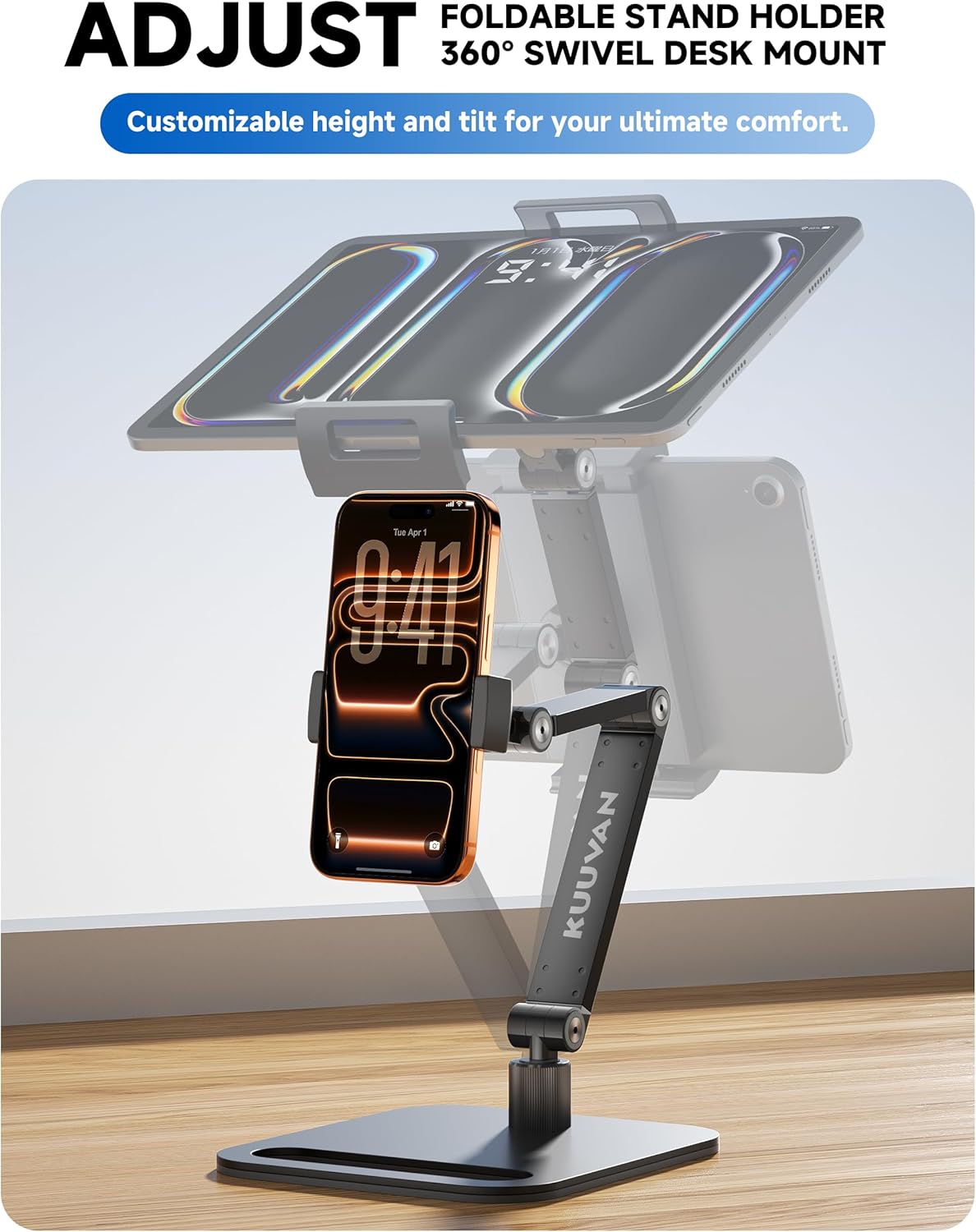 Tablet Stand Holder for iPad, Portable Monitor Stand Holder 15.6'',16'', Aluminum Alloy Foldable Arm Mount with 360° Swivel Desk Mount Compatible with 4.7-16inch Tablet, Cell Phone (Black)