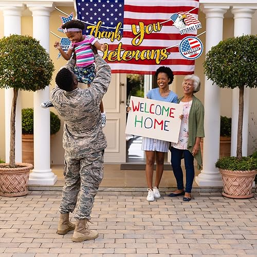 Miniatura 4 de Decoraciones grandes para el Día de los Veteranos, pancarta con texto en inglés "Thank you Veterans", azul, rojo y dorado, guirnalda con purpurina