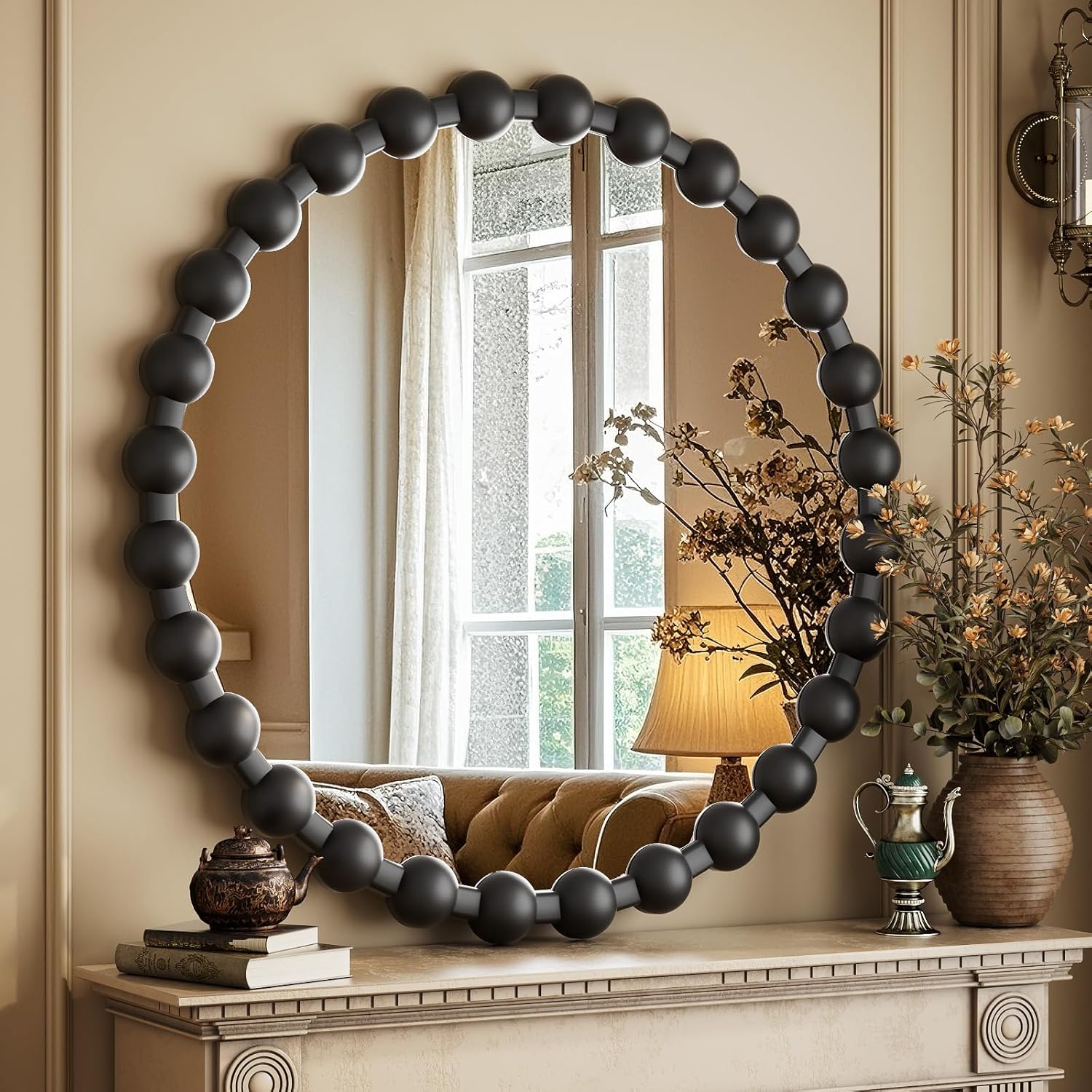 Round Mirror for Wall, 24 Inch Black Beaded Frame Decorative Vanity Mirror, Circle Bathroom Mirror with High-Definition Lense, Modern Wall Decor for Bathroom, Living Room, Bedroom, Entryway