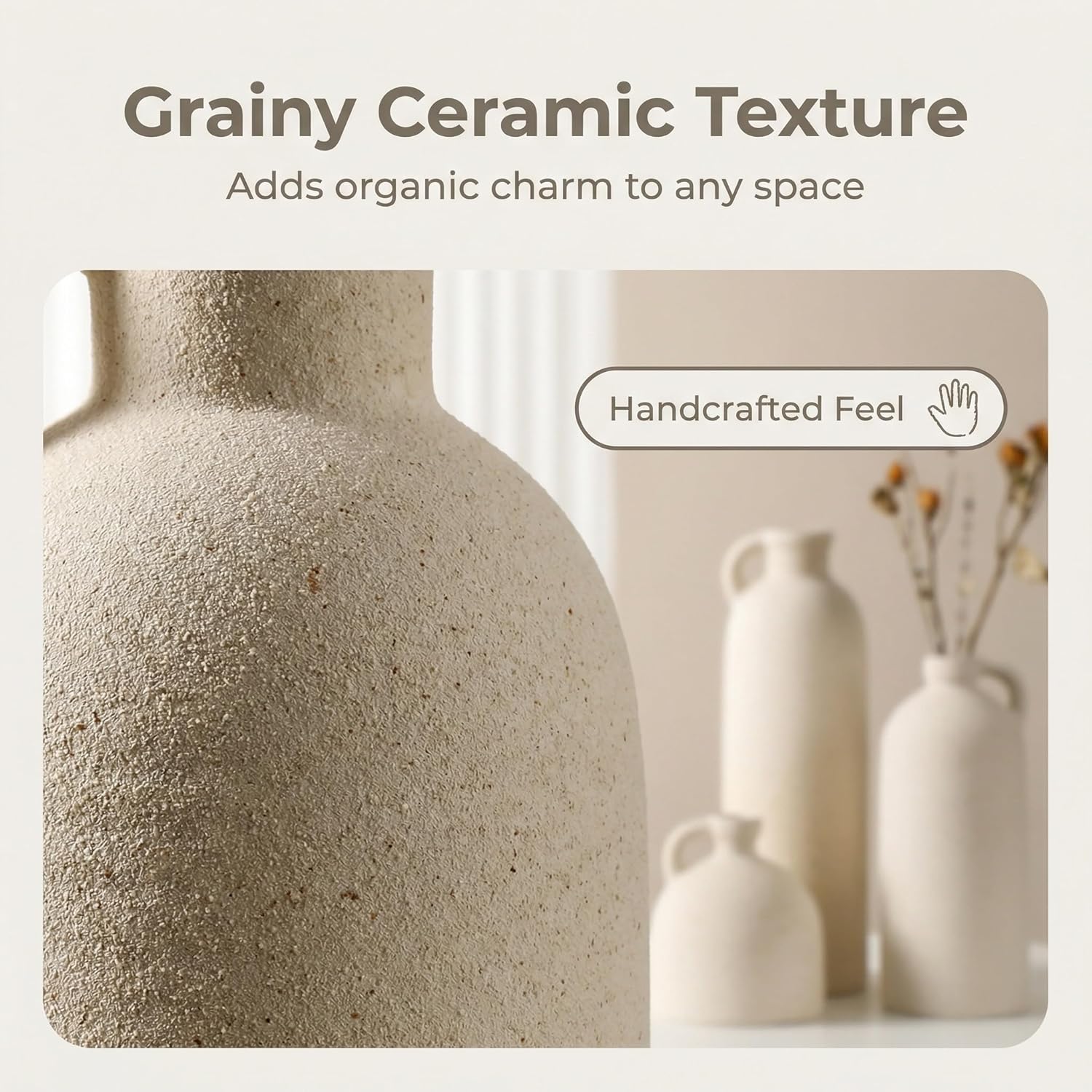 Flower Vase Set of 3, Ceramic Home Decor for Living Room - Modern Rustic Farmhouse Centerpiece for Table, Shelf & Bedroom - Decorative Vases for Office, Bathroom, Dining Desk