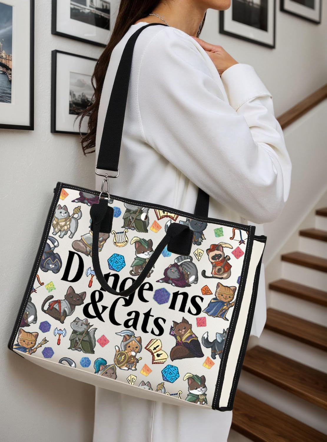 TSOTMO Roleplaying Game Cat Throwing Dice Tote Bag Cat Lover Gamer Gift Game Themed Gift for Women