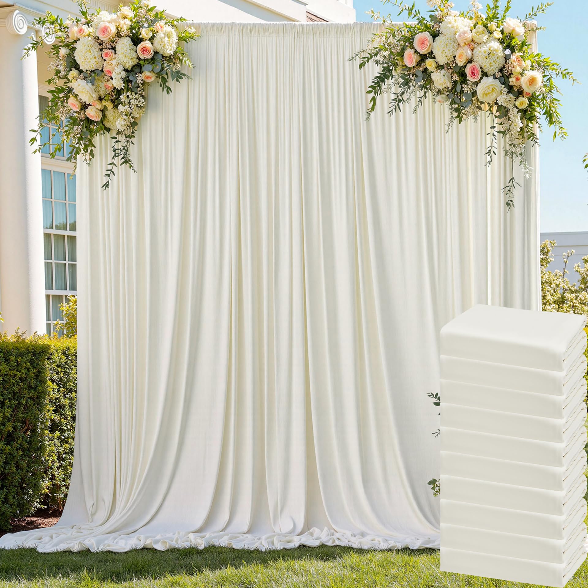 50ft x 8ft Wrinkle Free Ivory Backdrop Curtain for Parties, 10 Panels 5x8ft Silky Polyester Ivory Wedding Backdrop Drapes Photo Back Drop Cloth for
