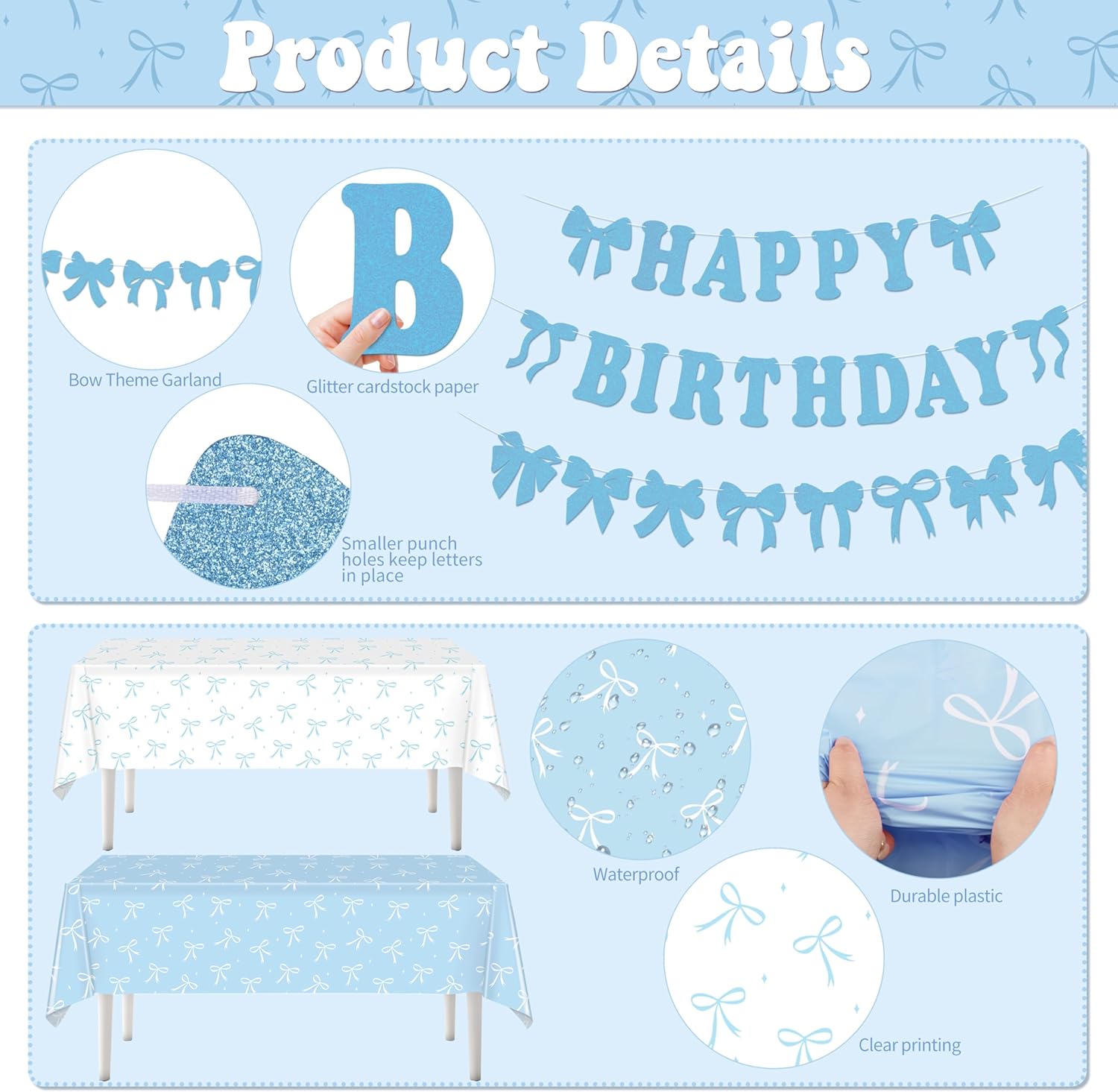 THAWAY Blue Bow Coquette Birthday Party Supplies, 220Pcs Includes Plates, Napkins, Cups, Straws, Cutlery, Tablecloths, Banners, Balloons, Ribbons & Glue Points, Serves 24 Guests