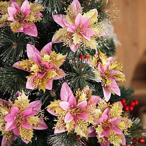 Miniatura 45 de GREENTIME 12 flores de Pascua artificiales azules con purpurina de 5.5 pulgadas, flores de Navidad con clips, tallos de Navidad, adornos para árbol