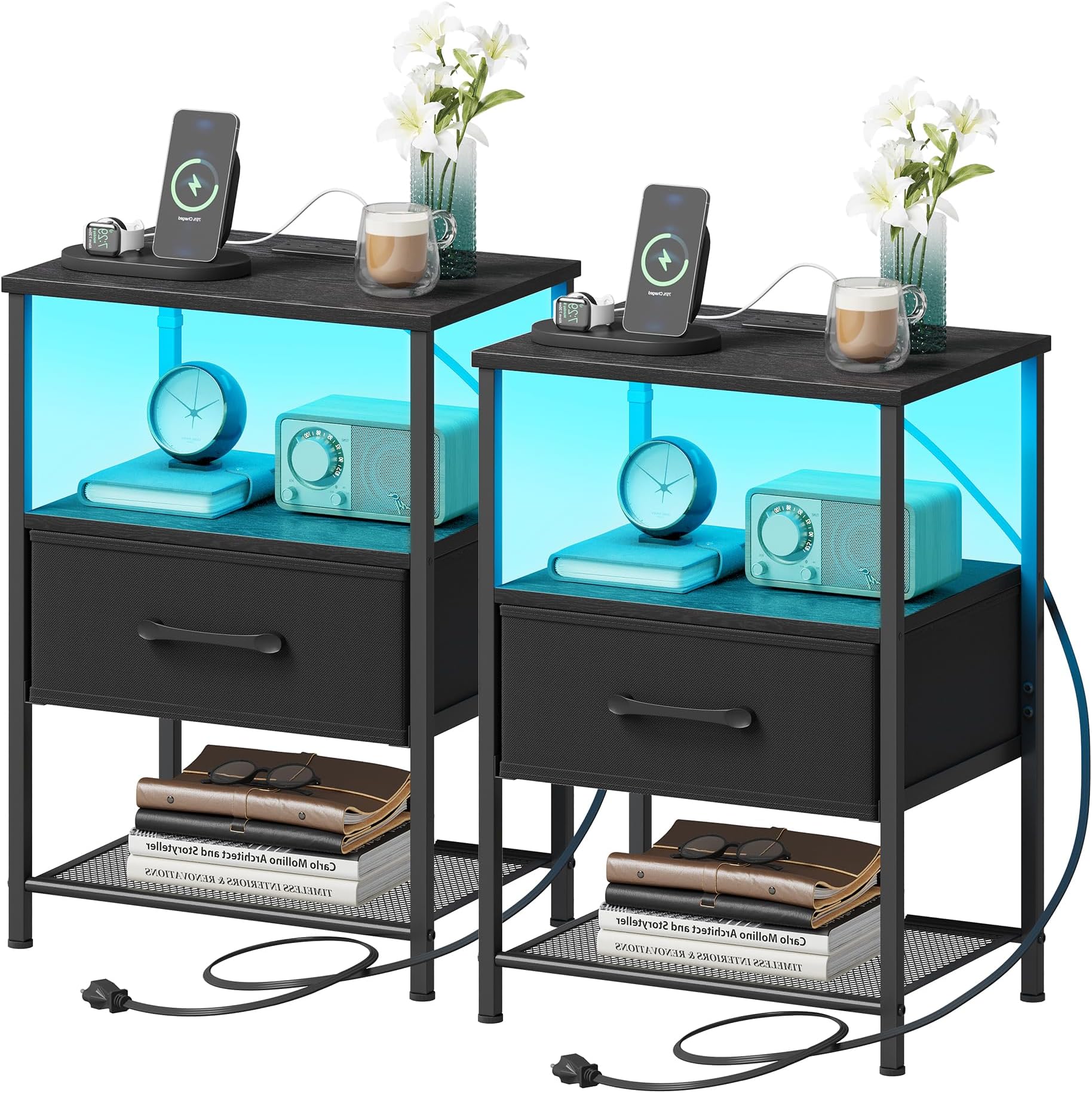 TRIFEBLE Night Stand Set 2, End Table with Charging Station, LED Bedside Table with Fabric Drawer for Bedroom, 3-Tier Side Table with Open Shelf, Black