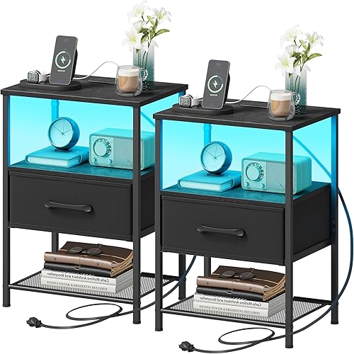 Juego de 2 mesitas de noche, mesa auxiliar con estación de carga, mesita de noche LED con cajón de tela para dormitorio, mesa auxiliar de 3 niveles