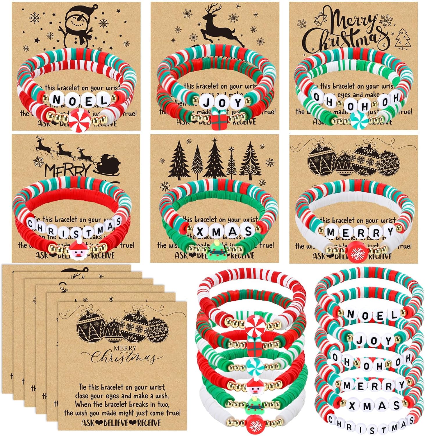 Capoda Bracelets with Cards Polymer Clay Bracelets Bulk Friendship Party Favors Stretch Clay Beaded Bracelet Goodie Bag Fillers for Gift Supplies