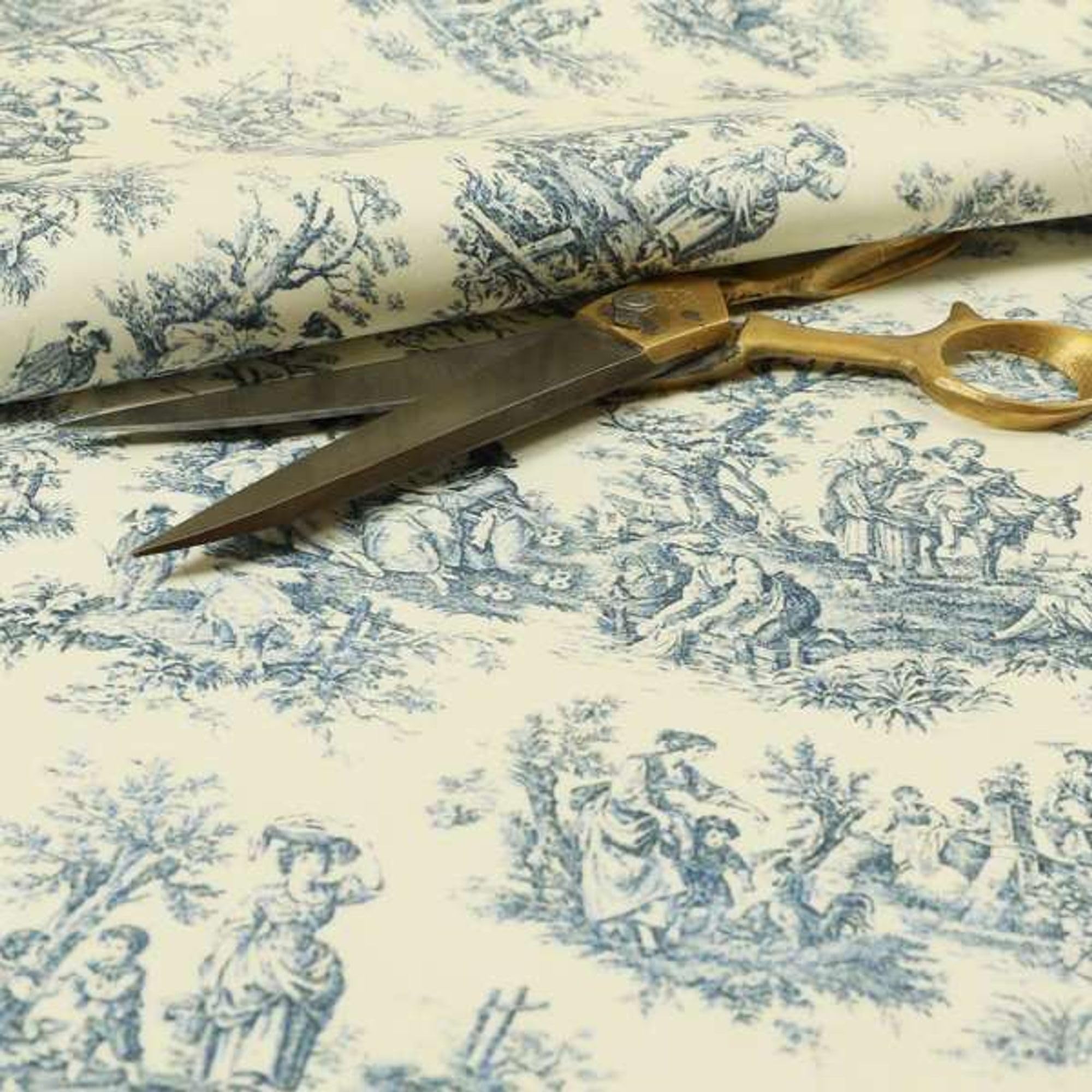 French Toile Traditional Blue Velour Upholstery Fabric, Blue, Per Metre โ image 1