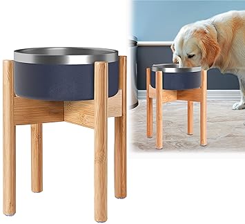 Adjustable Dog Bowl Stand for Medium Size Dogs - Extendable Holder Fits Pet Bowls Sizes 7 to 10 Inches Wide - Natural Bamboo Wood