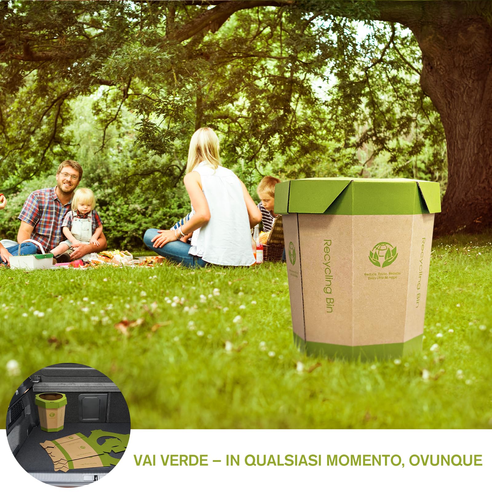 5-Pack Cestini di Cartone (12L) Riutilizzabili, Pieghevoli, Riciclabili, Senza Plastica- Cestini Spazzatura & Toilette di Emergenza per Bambini - Cestini per Ufficio, Camera da Letto, Uso in Movimento