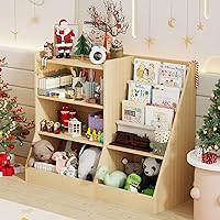 IKALIFE 39" Kids Wooden Bookshelf & Toy Storage Organizer with Sling Book Rack - Natural Wood for Nursery, Playroom, Classroom