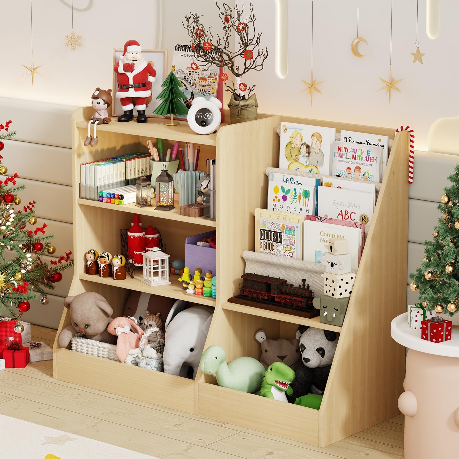 IKALIFE 39" Large Kids Wooden Bookshelf and Toy Storage Organizer, Baby Bookcase with Sling Book Rack, Children Toddler Wooden Book Shelf for kids rooms, Playroom, Classroom, Nursery, School (Natural)