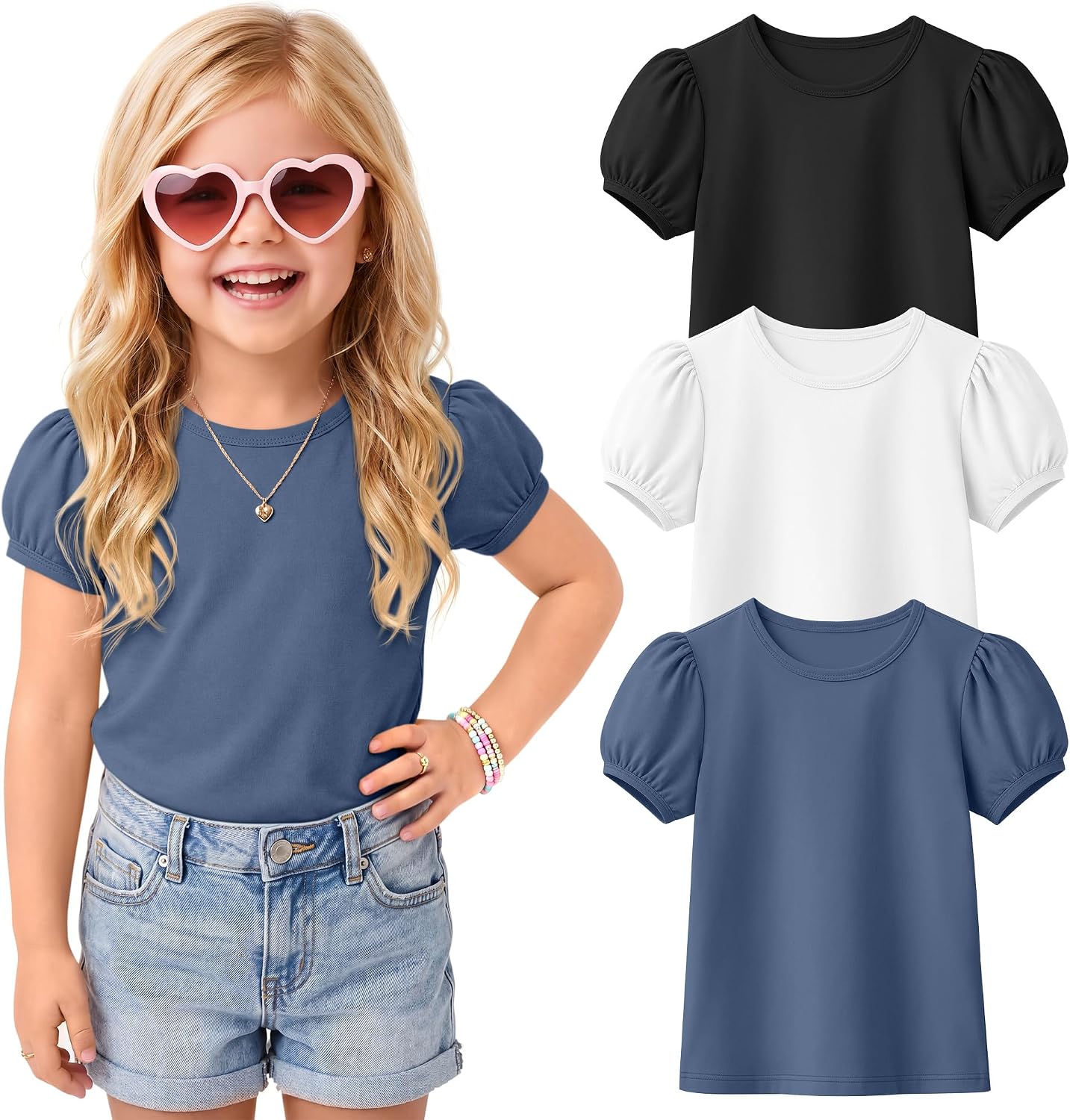 Toddler Girl Shirts Baby Crew Neck Short Puff Sleeve T-Shirts Cute Summer Casual Basic Tees Clothes Size 18M-5T