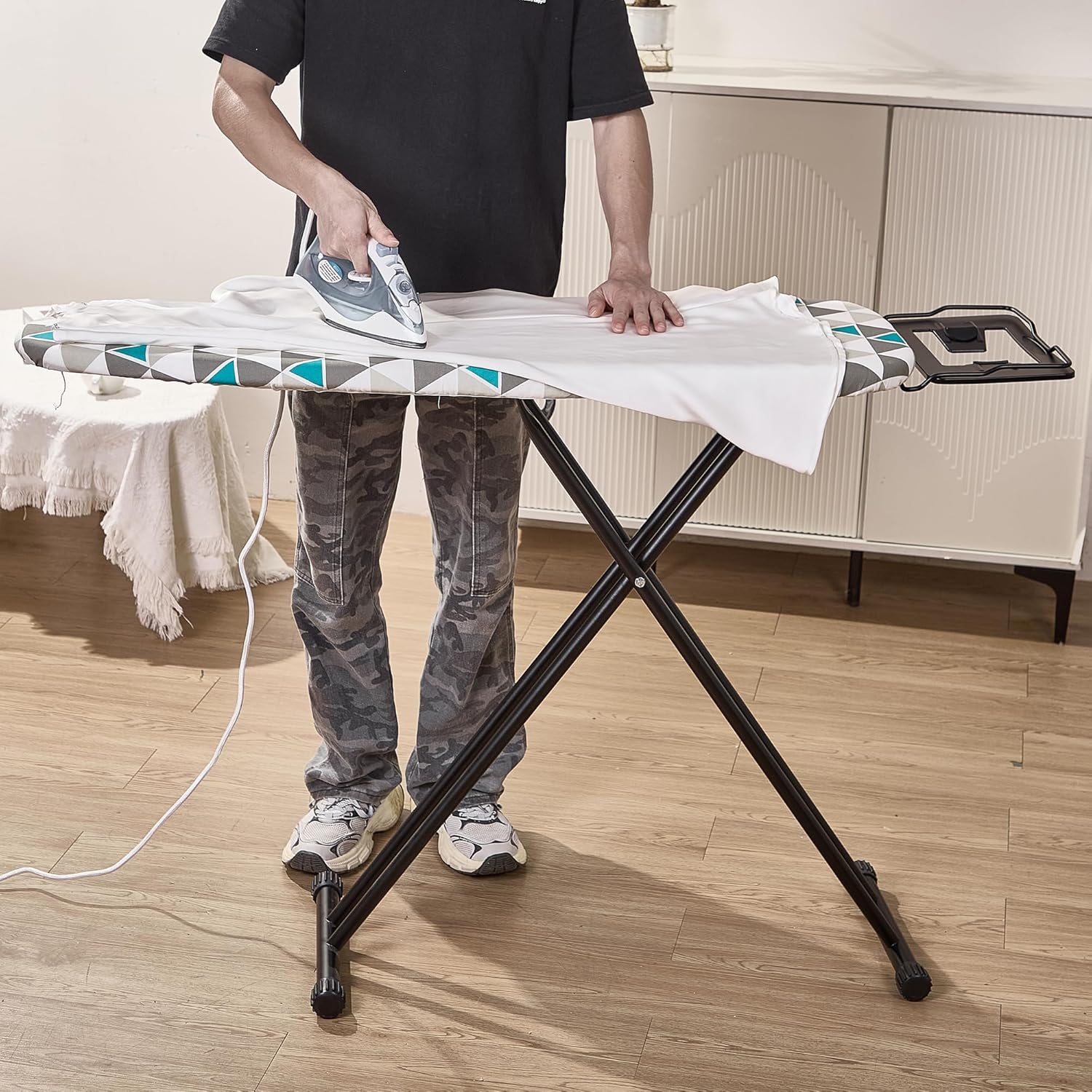 Ironing Board 13x43 Extra Thick Heavy Duty Padded Cover，Full Size Ironing Board with Iron，Height Adjustable up to 36"，Anti-Skid Feet，Extra Wide Ironing Area