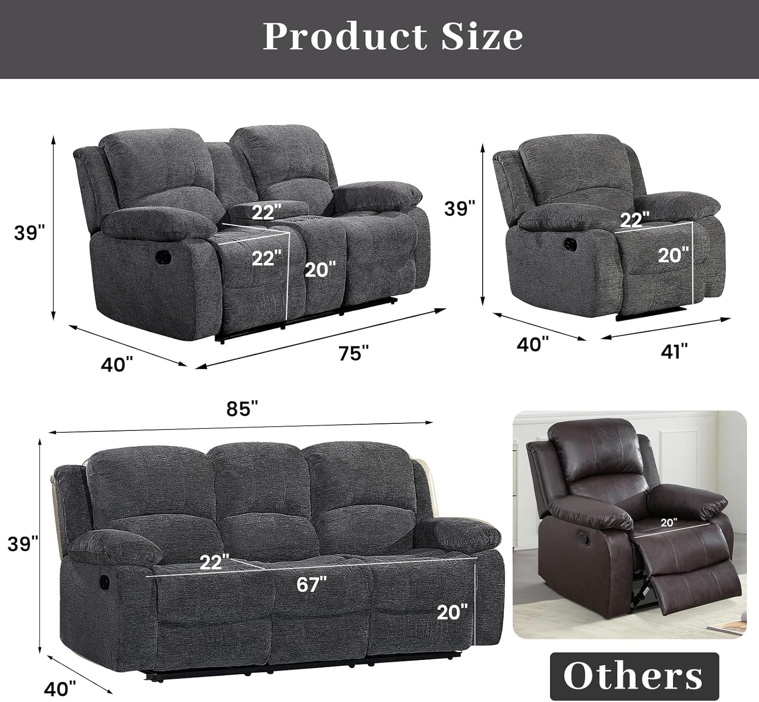 Betsy Furniture Soft Microfiber Reclining Sofa Set, Drop Down Table, Cupholder Console, Living Room Set, Sofa Loveseat Glider Chair 8018M (Dark Grey, Sofa+Loveseat+Chair)