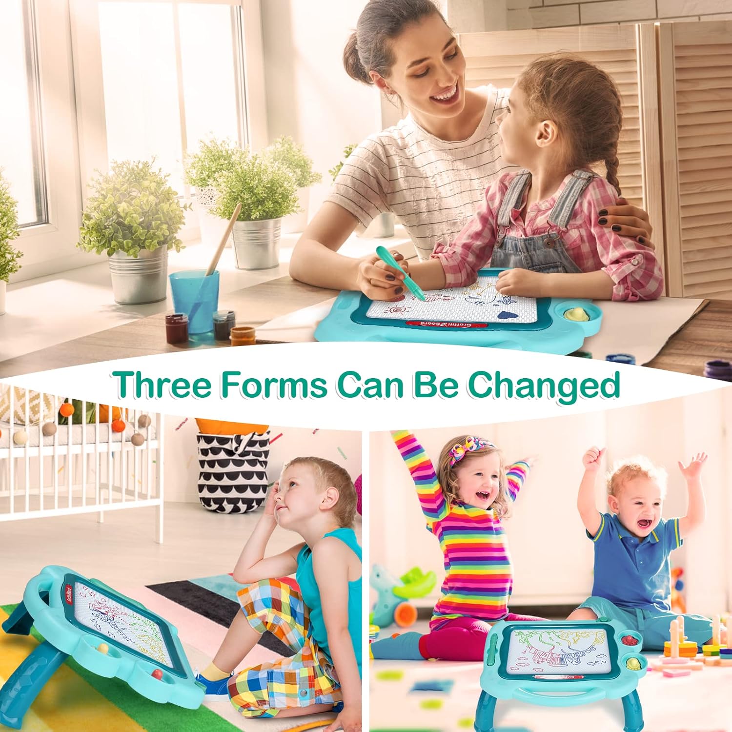 Images showing the magnetic board in three configurations: with legs, without legs, and angled