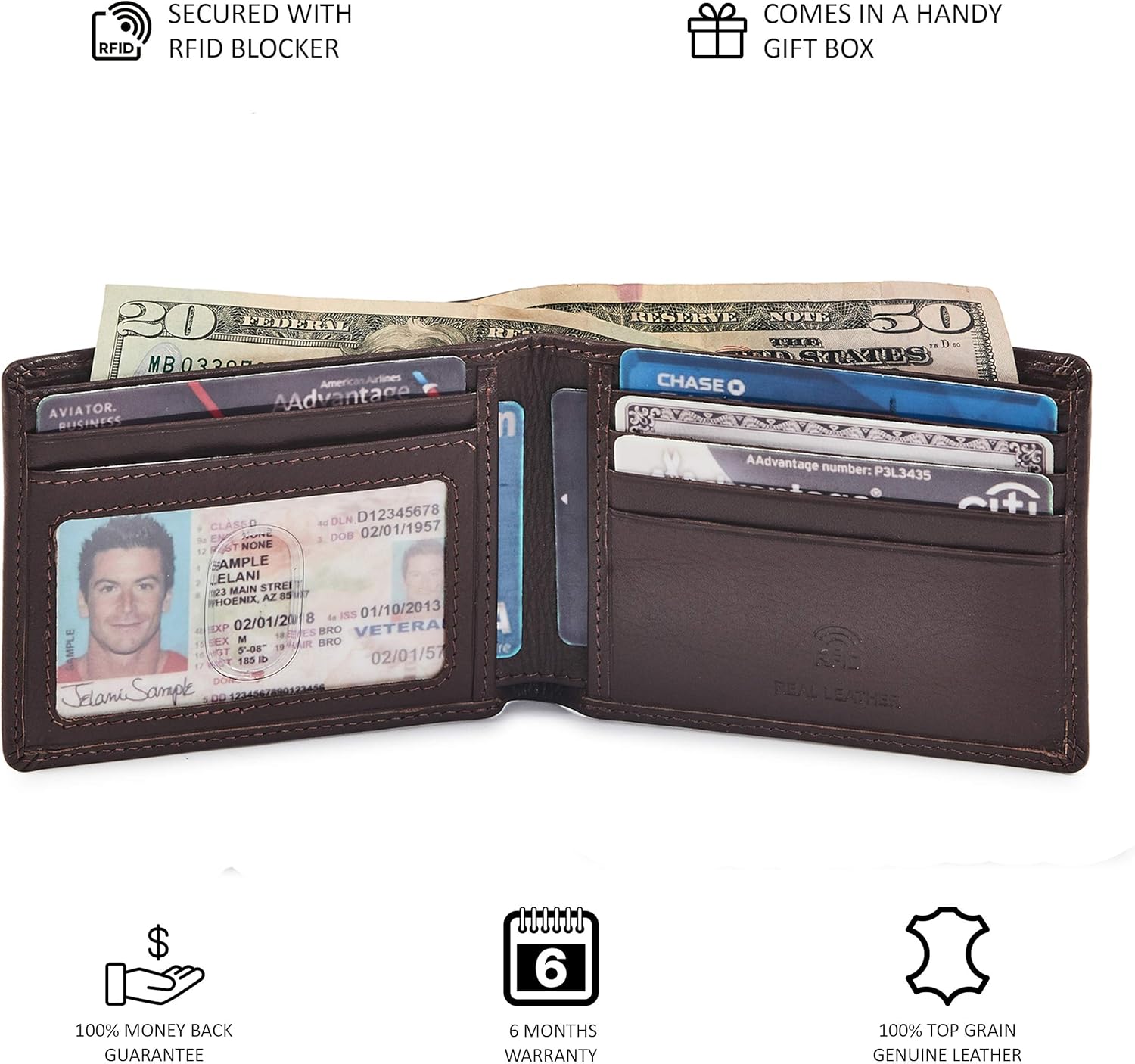 Real Leather Mens Bifold Wallet RFID Blocking Slim Minimalist Front Pocket - Thin & Stylish with ID Window in Gift Box (Nappa, Chocolate) - Image 5