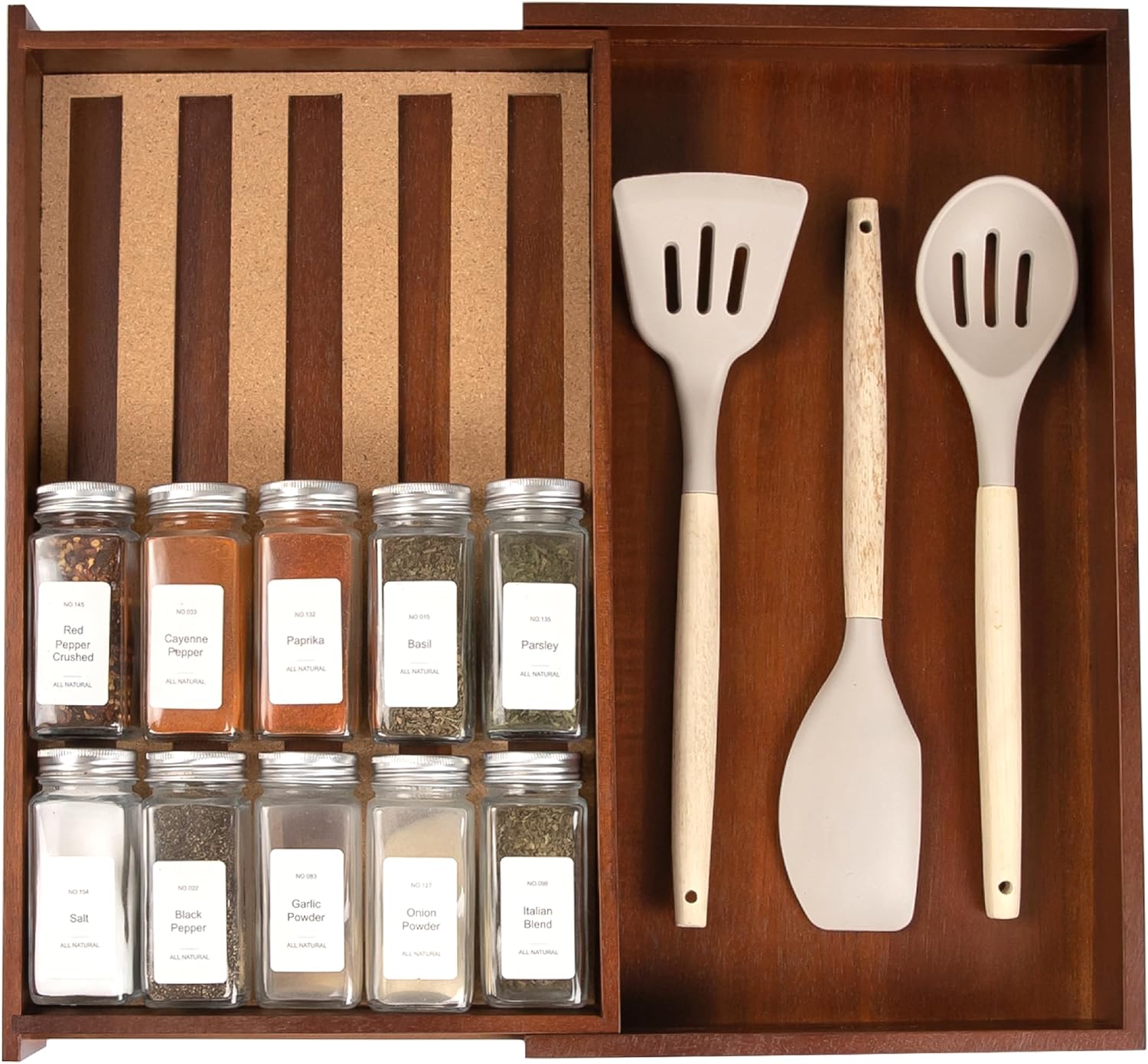 KitchenEdge Spice Drawer Organizer with Expandable Storage. Holds up to 15 Spice Jars (Not Included), Non-Slip Feet, Kitchen Accessory Storage, 100% Sustainable Bamboo Wood (White Bamboo)