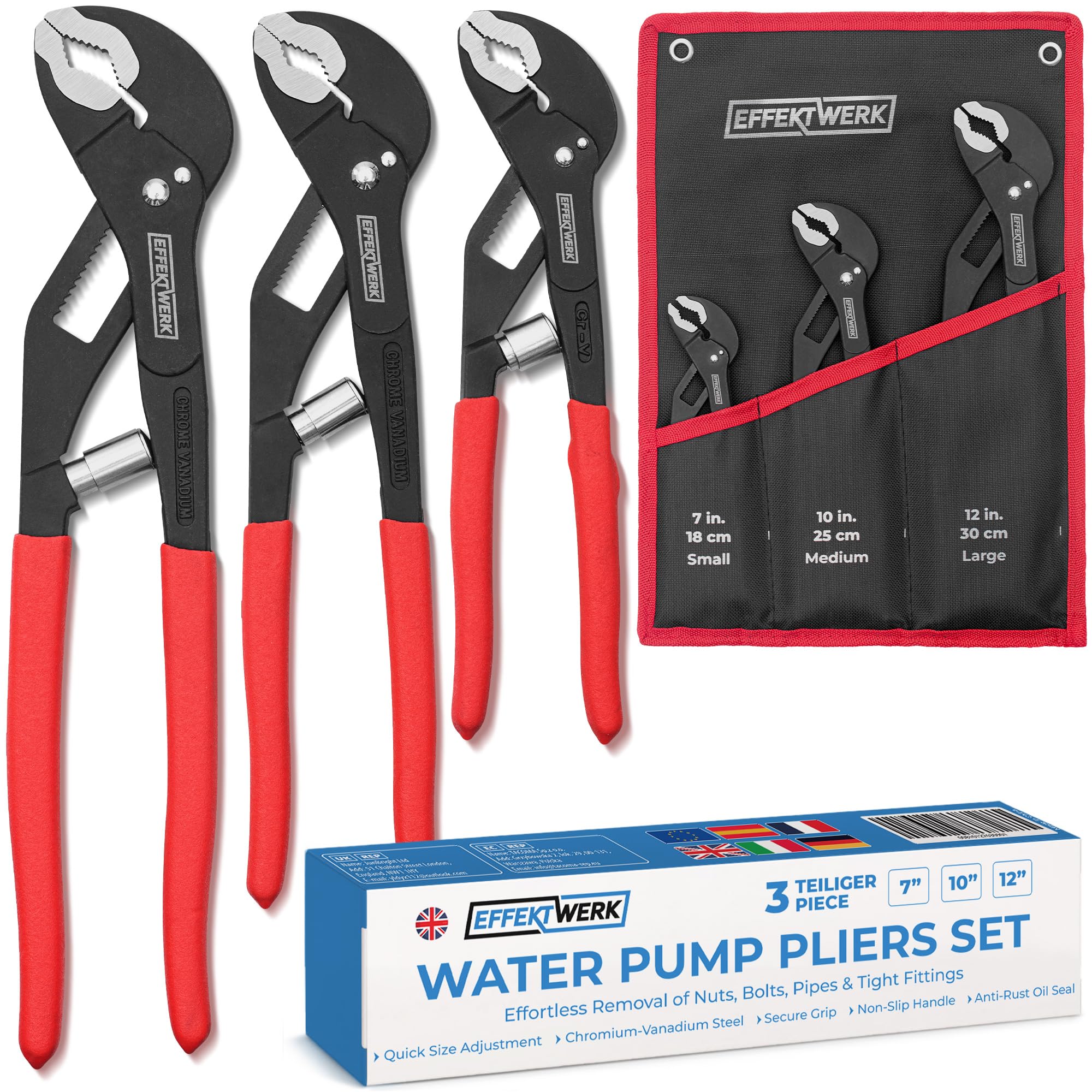 EffektWerk - 3-Piece Adjustable Angle Nose Slip Joint Pliers Set - 180 mm, 245 mm, 300 mm - Self Adjusting Tongue and Groove Pliers for Pipe, Fittings, Nuts, Bolts, Plumbing