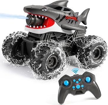 BOBXIN Amphibious Remote Control Shark Monster Truck Squirt Water,4WD All-Terrain Off-Road 2.4Ghz Waterproof RC Car Pool Water Toys for Kids Age 6+ Grey
