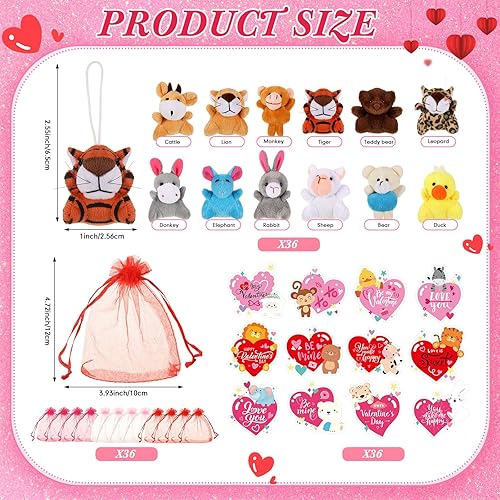 Miniatura 2 de Hanaive Juego de 36 tarjetas de corazón para el día de San Valentín, regalos para niños, con mini animales de peluche y bolsas de organza, juguetes