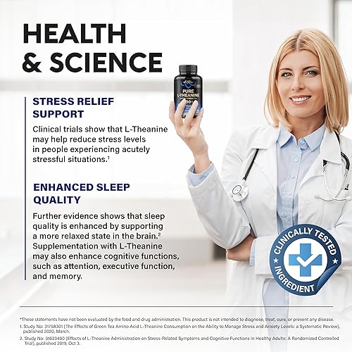 Miniatura 6 de L Theanina 400 mg  L-Theanina para Alivio del Estrés  Suplemento de Fuerza Extra  Hecho en los Estados Unidos  Apoyo para Relajación, Sueño y Calma