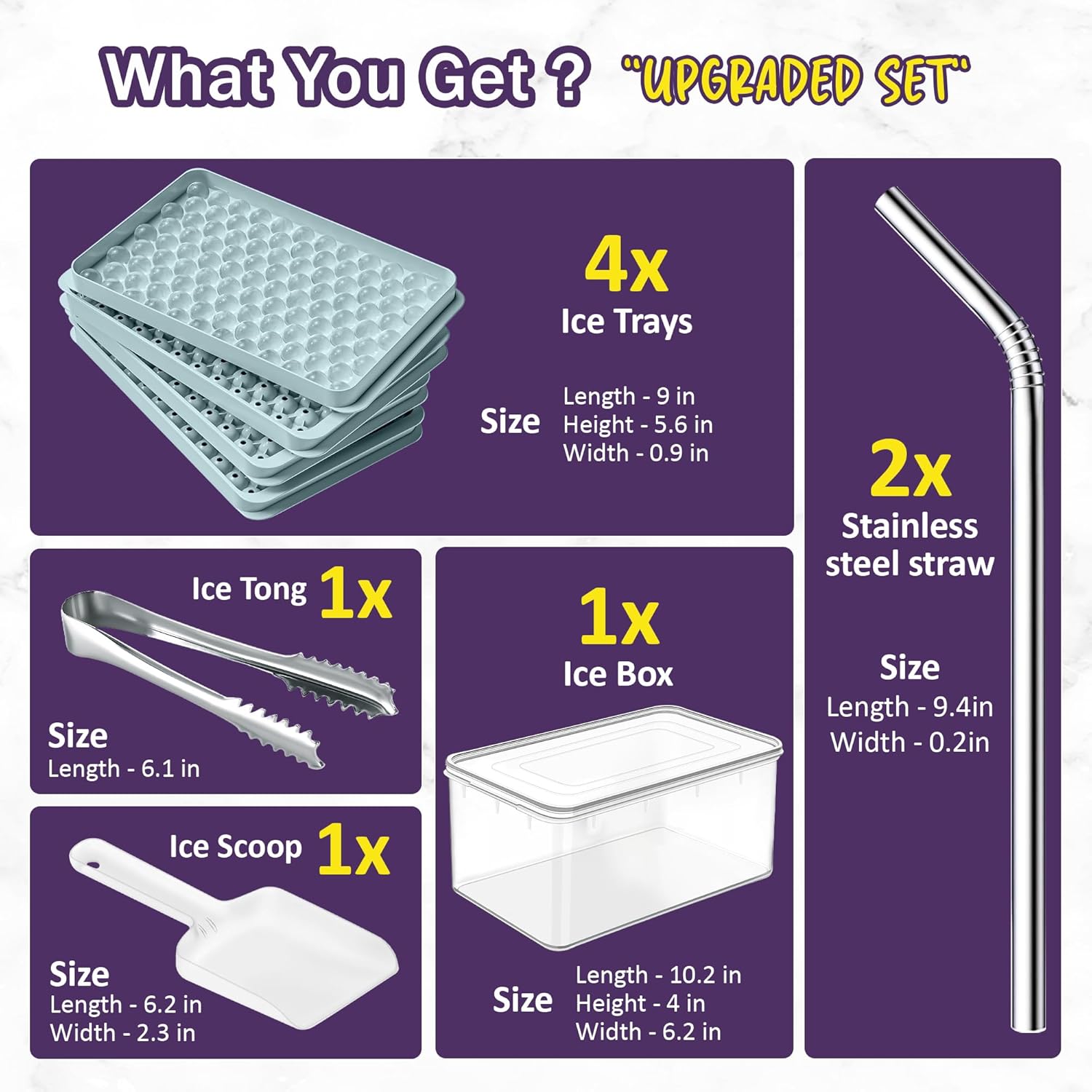 Mini Ice Cube Tray Set & 8 Cicles Ice Trays Set - 7 Trays, 2 Bins, 2 Scoops, 2 Tongs & 4 Straws