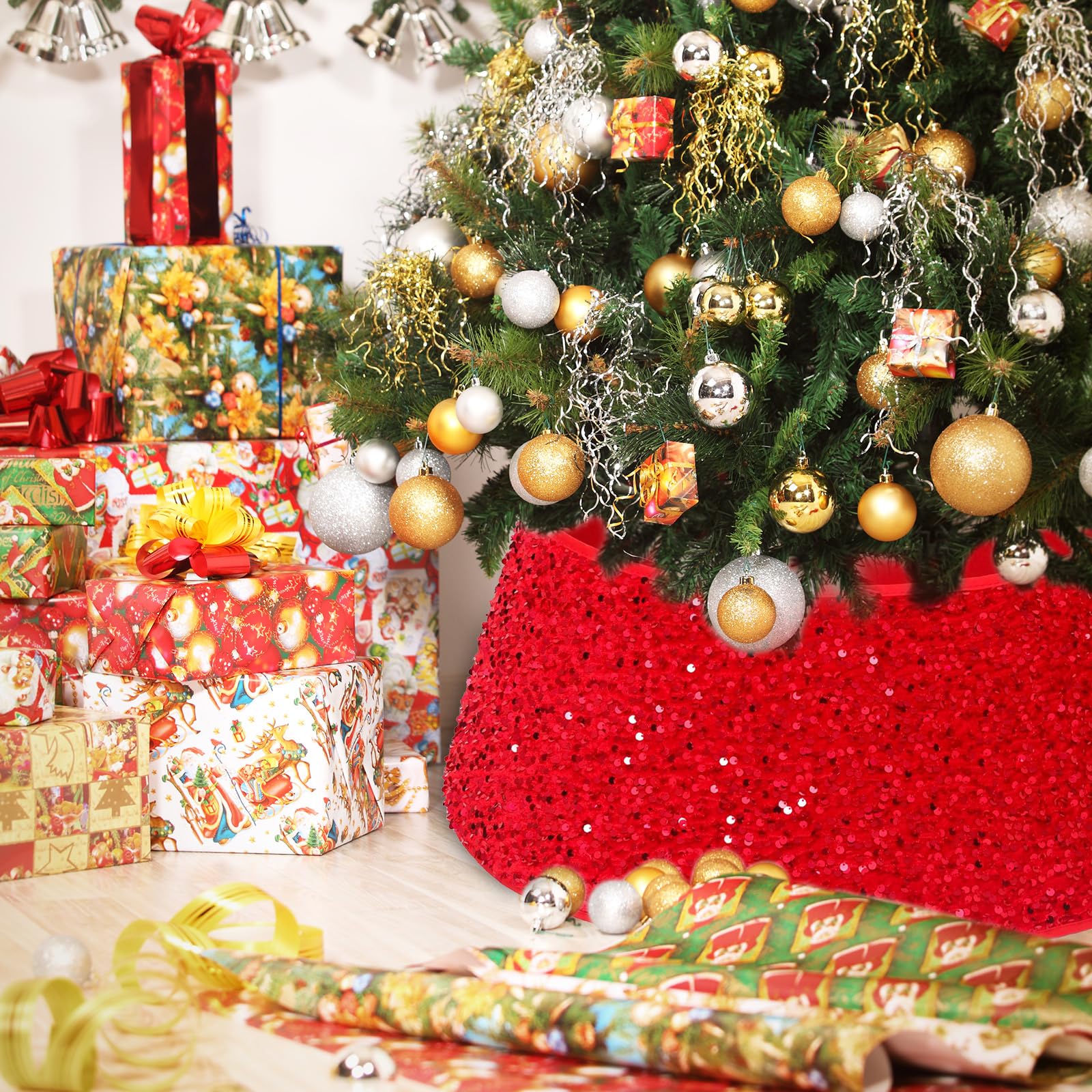 Gonna Per Albero Di Natale 60 cm - Decorazioni Glitter Rosso, Collare e Base Per Cestino - Copertura Per Feste a Casa e Vacanze