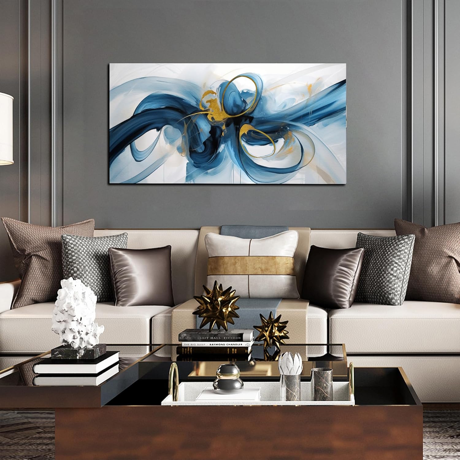 Large Wall Art Blue Abstract Canvas Wall Art Pictures for Living Room Office Wall Decor Decorative Canvas Painting Modern Framed Wall Art Artwork for Wall Print Ready to Hang Size 20x40 Inch