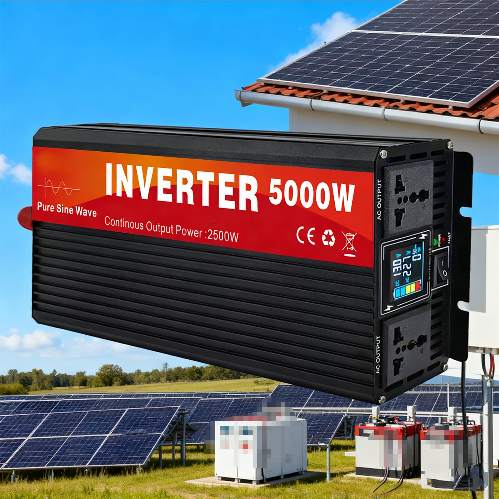 Falownik o mocy szczytowej 5000 W falownik o mocy ciągłej 2500 W czysta fala sinusoidalna, konwerter prądu stałego 12 V/24 V/48 V/60 V/72 V na prąd przemienny 110 V 60 Hz