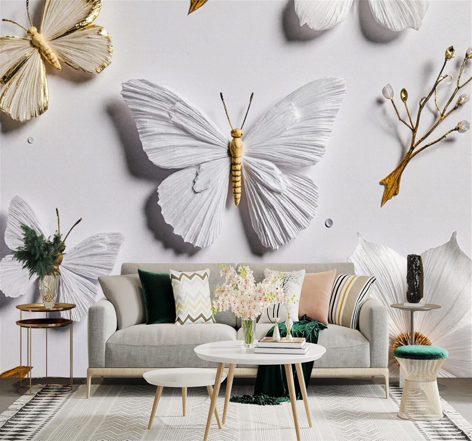 YueMingDi Elegance White Butterflies Golden Accents Minimalism Art 3D Wallpaper Creative Modern Decoration Murals Home Decor Study Living Room Bedroom Sofa Background-200cm×140cm