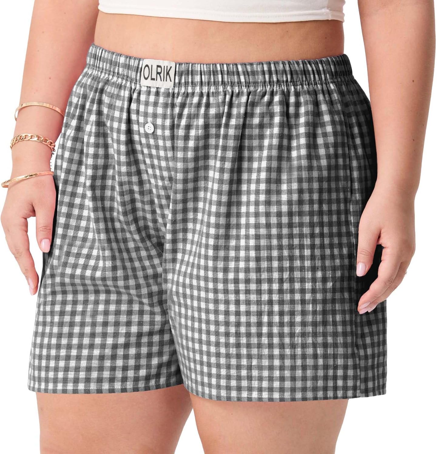 OLRIK Plus Size Boxer Shorts for Women 100% Cotton Gingham Pajama Bottoms Elastic Waist Plaid Beach Sleep Shorts with Pockets - Image 4