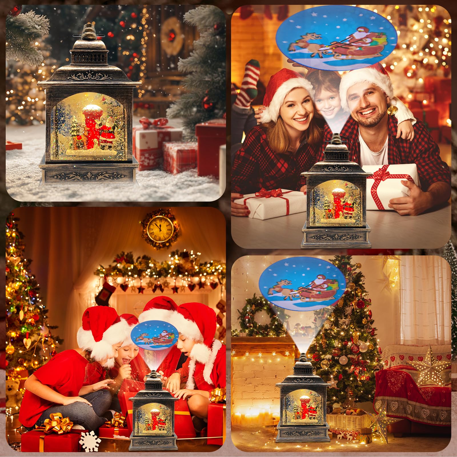 Weihnachts Schneekugel Laterne mit Zeitschaltuhr, Beleuchtete USB/batteriebetriebene Wirbelnde Singende Wasserlaterne mit Projektion, Schneekugel Laterne für Erwachsene Kinder, Weihnachtsdekoration