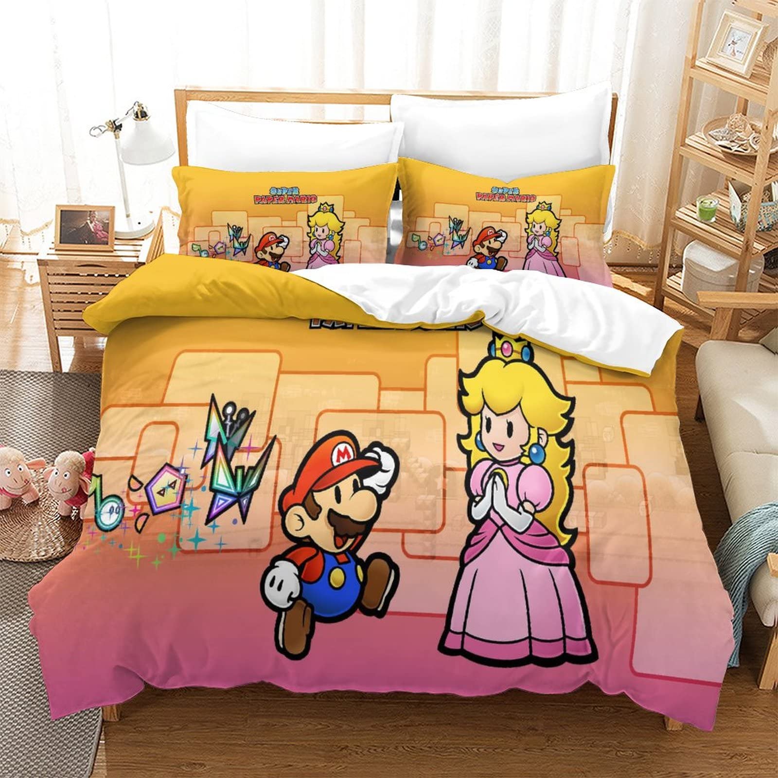 Parure De Lit Mario Imprimé 3D Microfibre - Set 3 Pièces Housse Couette + Taies - Doux Et Respirant