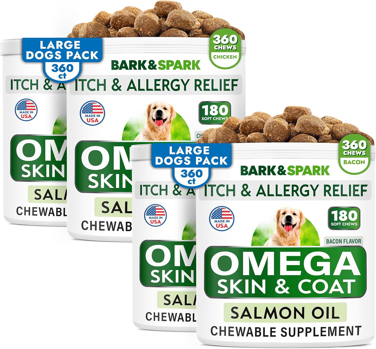 BARK&SPARK Omega 3 for Dogs - 720 Fish Oil Treats for Dog Shedding, Skin Allergy, Itch Relief, Hot Spots Treatment - Joint Health - Skin and Coat Supplement - EPA & DHA Fatty Acids - Salmon Oil