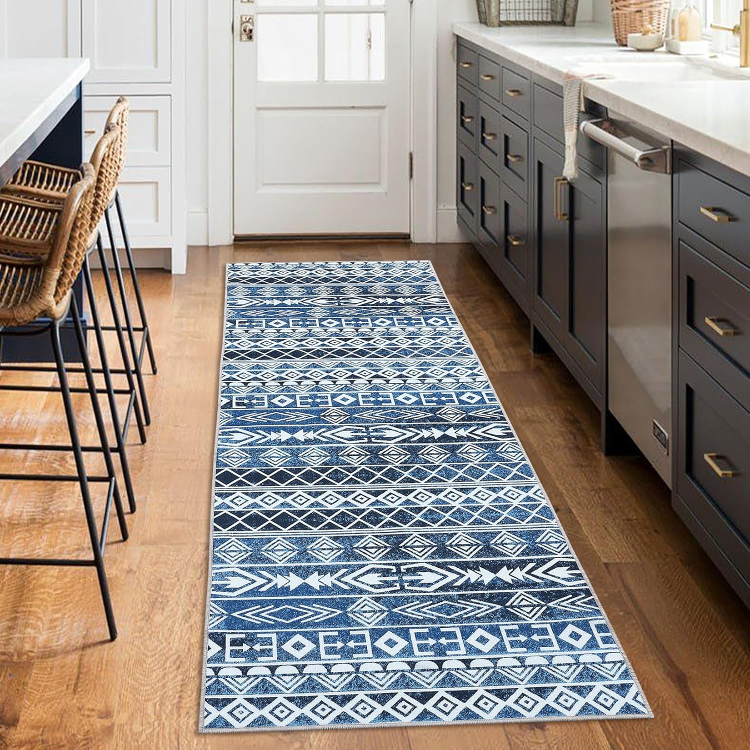Moroccan Geometric Runner Rug 2x6 - Machine Washable, Easy-Cleaning, Non-Shedding, Stain Resistant, Non-Slip, Foldable Indoor Mat for Living Room, Bedroom, Kitchen, Entryway, Bathroom, Blue