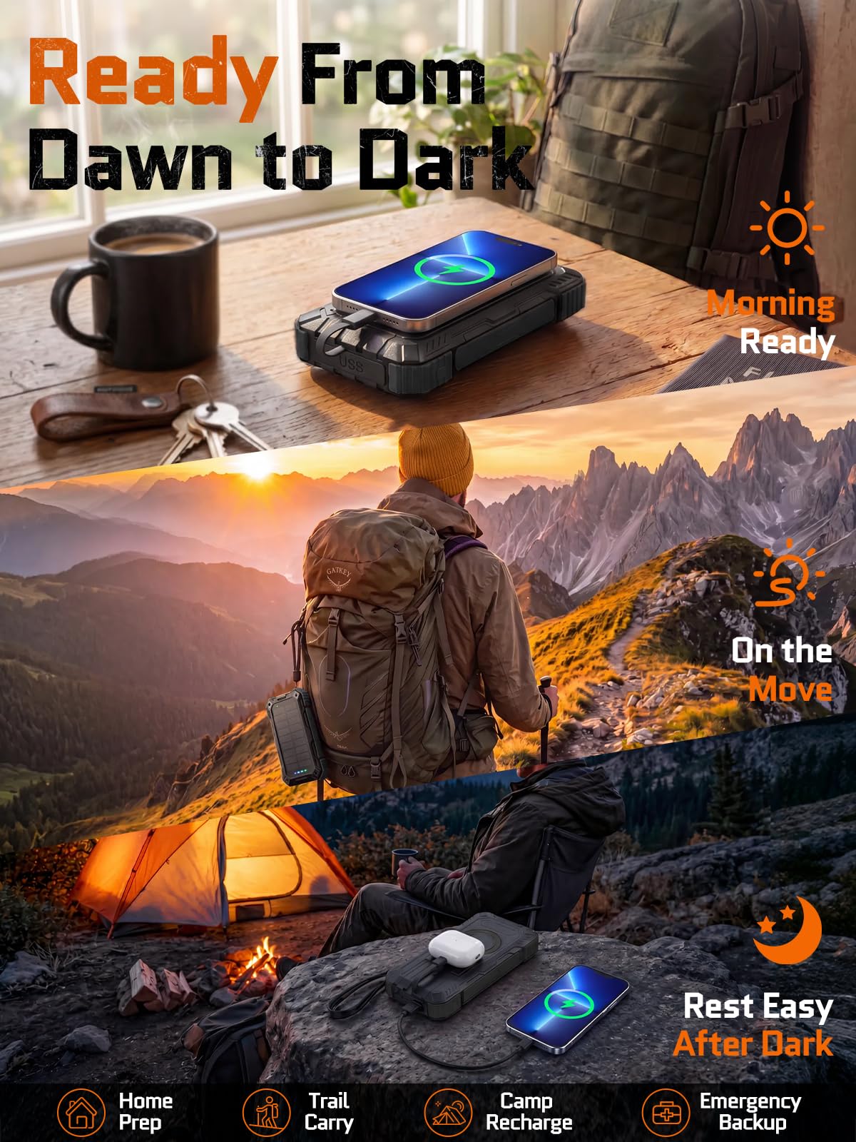 Cargador solar de 49800 mAh, cargador solar para teléfono con entrada y salida USB-C, carga rápida QC 3.0 con linterna LED, 4 cables integrados, IP65 impermeable para exteriores (negro)