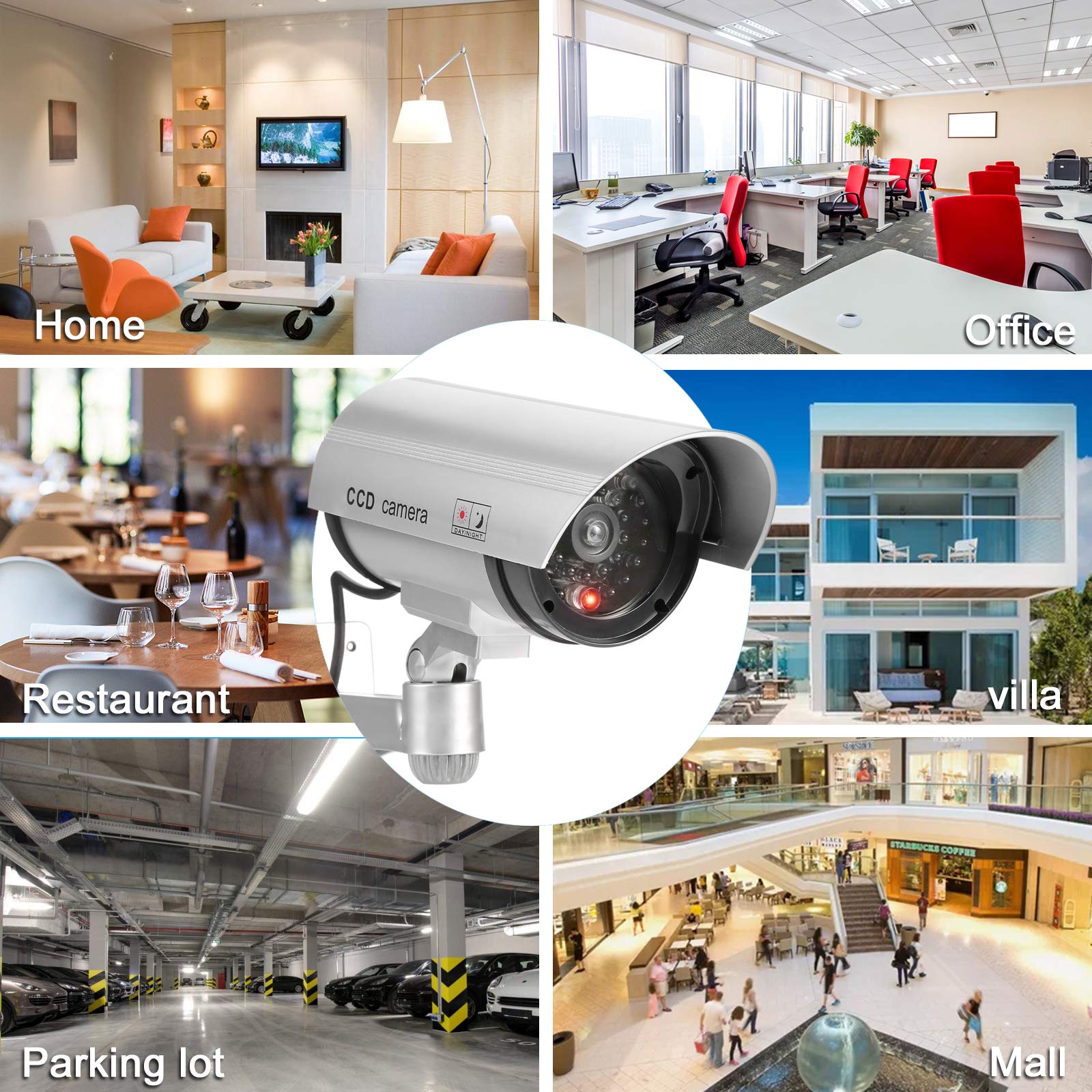 FITNATE Lot de 4 caméras factice d'extérieur - Fonctionne avec piles - Résistant à la pluie - Système de surveillance CCTV avec lumière LED rouge clignotante - 4 autocollants d'avertissement de