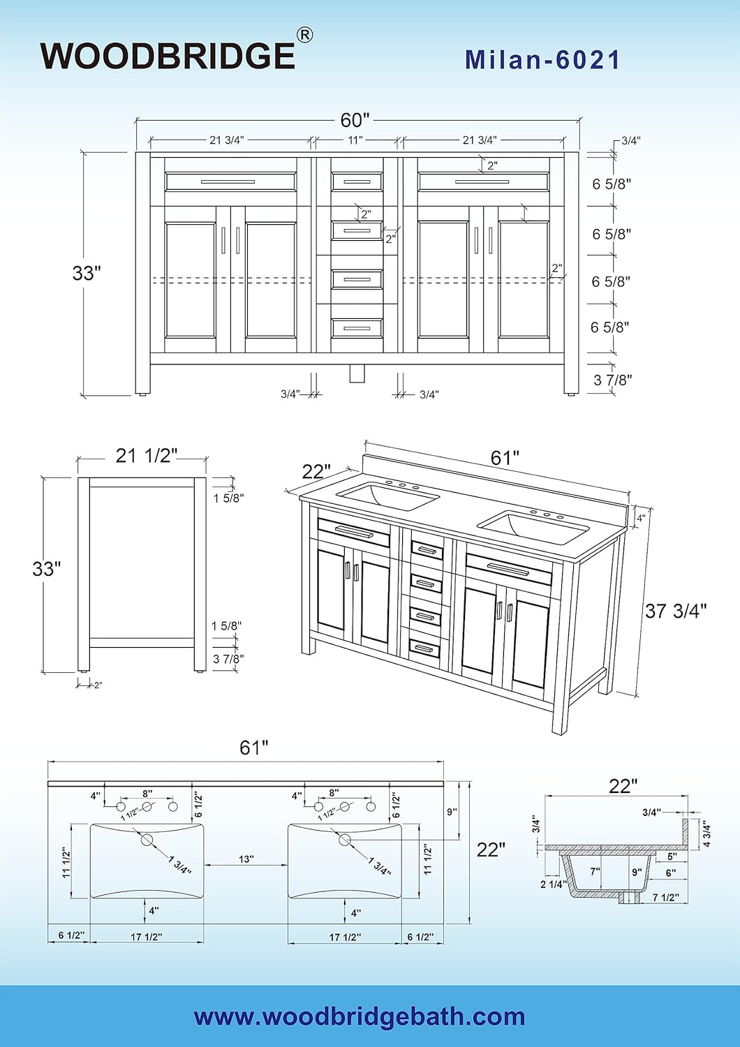 WOODBRIDGE Milan-6021D-WH+CALAVT6122D-8 Vanity, 61"x22", White