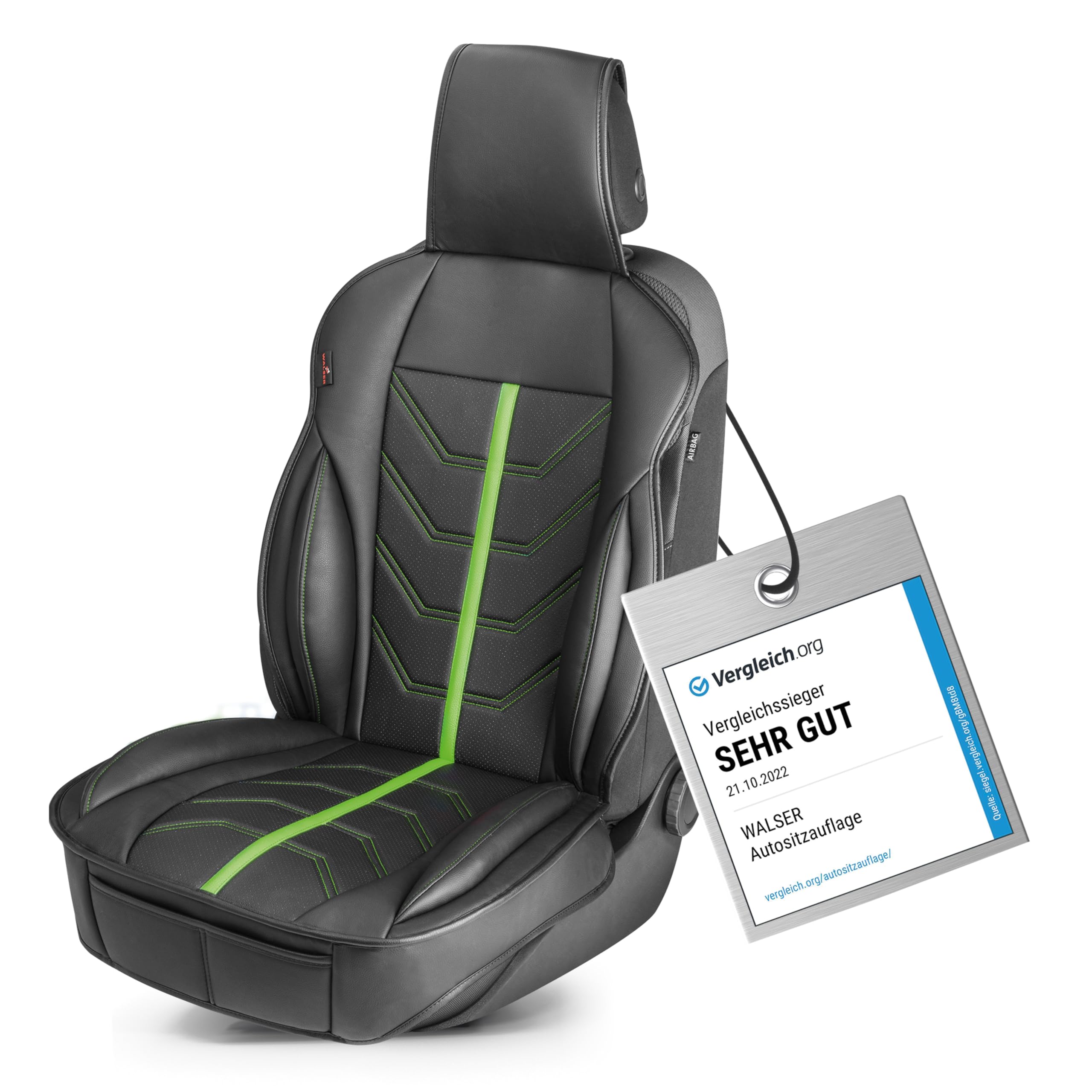Walser Premium Sitzauflage Auto Kimi, Sitzschoner Auto schwarz/grün, Vergleichssieger* Auto Sitzauflagen, Sitzbezug Auto Vordersitze, Schonbezug Autositz, Autositzauflage Vordersitze PKW/LKW