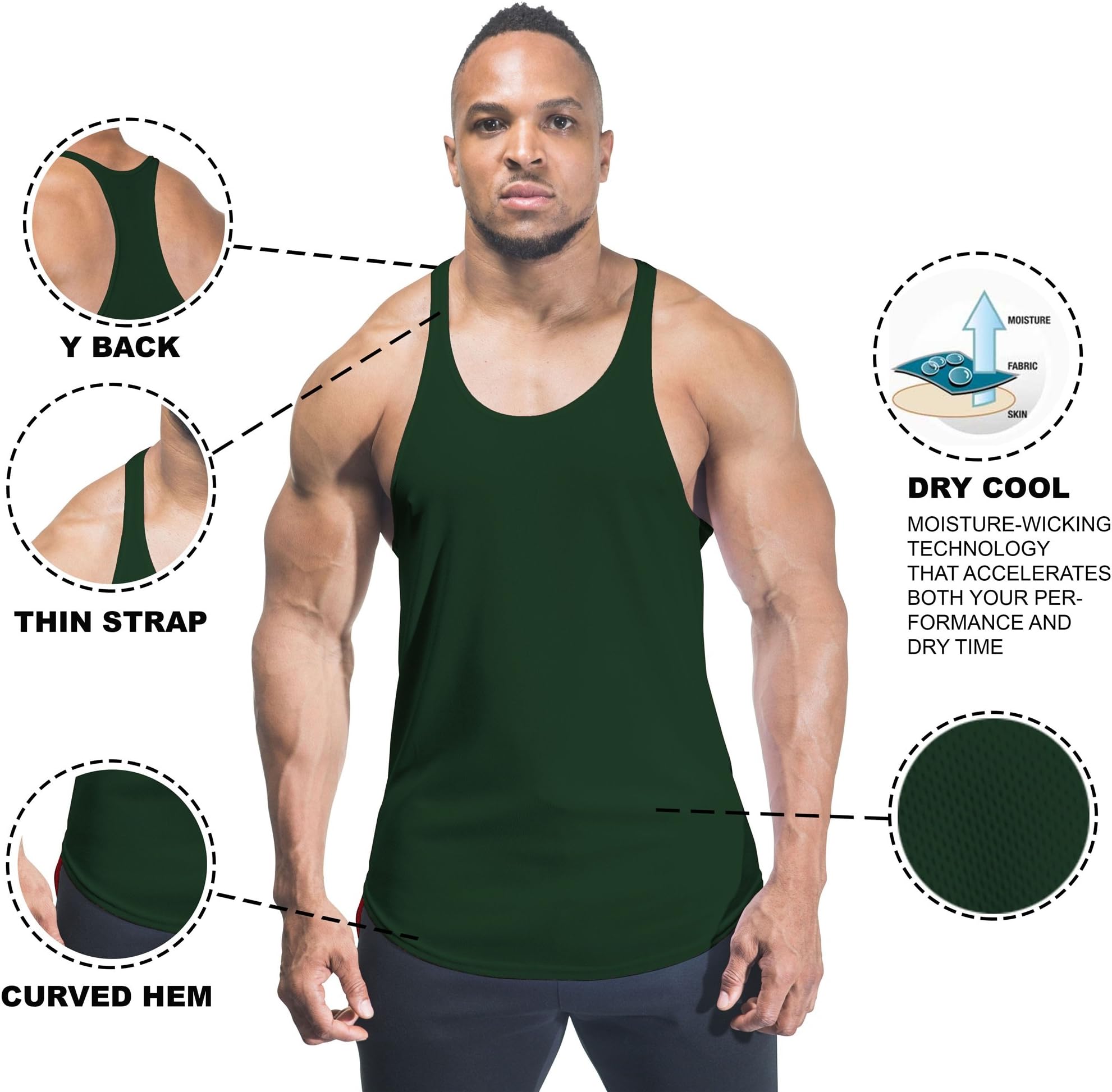 MENS PLAIN POLYESTER BODYBUILDING GYM STRINGER VEST Y BACK RACERBACK TANK TOP RACER DRY COOL GREEN (Small (34”-36”))