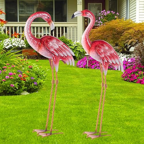 Miniatura 6 de Natelf Decoraciones de flamenco rosa para patio, estatuas y esculturas de jardín de metal, adornos de césped de pájaro de pie para patio, decoración