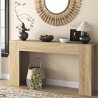 63-Inch Long Console Table with LED Light, Farmhouse Sofa Table Behind Couch, Wooden Console Table for Entryway Hallway Entrance Living Room, Nature