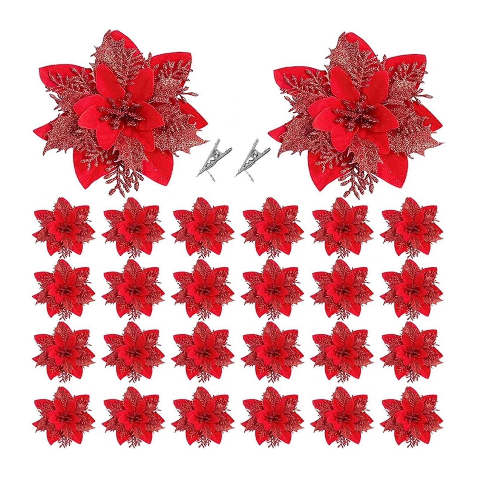 CVEVSFG 2/5Pcs 14cm Glitter Artifical Flowers Mreey Tree Decor Happy Year Ornaments Xmas Fake Natal(Red,5Pcs)
